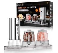 Marchpower Moulin à Poivre Électrique, 100ml Boîte d'étanchéité de Stockage et Broyage avec Base, Ensemble de Moulin à Poivre en Céramique Inoxydable avec Lumière LED Grosseur de Broyage Réglable