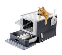 Marchul Bac à Litière pour Chat en Acier Inoxydable avec Couvercle et Tiroir, Entrée Avant Réglable et Sortie par Le Dessus, Double Accès, Litière Couverte Métallique avec Pelle, Gris Foncé