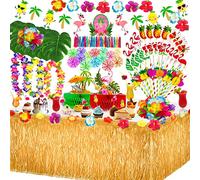 MarckersHome Décorations de fête Jupe de Table hawaïenne Fleurs Tropicales Feuilles de Palmier Pailles en Papier de Fruits Cupcake Topper pour Beach Summer Luau