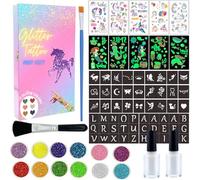 MarckersHome Kit Tatouage Paillettes Enfant,12 Couleurs Tatouage Temporaire à Paillettes,Filles Anniversaire Carnaval Halloween Cadeau de Noël,Etanche,avec Pochoirs de Licorne Sirène Autocollants