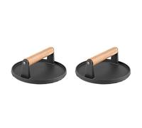 Marclix Lot de 2 ustensiles de barbecue ronds en fonte avec poignée en bois et plaque de pression pour viande, calamar, steak