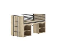 MARCO - Lit Surélevé Combiné 90x200cm Plateau coulissant avec Etagères Aspect Chêne clair -