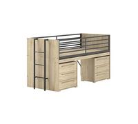 AltoBuy Marco - Lit Surélevé Combiné 90x200cm Plateau Coulissant avec Rangements 3T Aspect Chêne