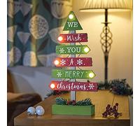 Marco Paul Panneau de sapin de Noël en bois avec 6 lumières LED - Décorations de Noël d'intérieur - Décoration de table de Noël peinte à la main pour décoration d'intérieur - Lumières LED à piles