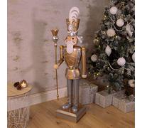Marco Paul Statue enchanteresse de soldat casse-noisette, finition dorée et blanche, 23 lumières LED, décoration de Noël à piles, peinte à la main, pour une utilisation en intérieur, 119 cm.