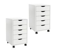 Marctani Commode de bureau blanche avec 5 tiroirs et roulettes, meuble de bureau en bois pour dessous de table, petite commode étroite (profondeur 30 cm), meuble imprimante à roulettes (X2)