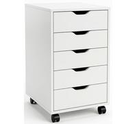 Marctani Commode de bureau blanche avec 5 tiroirs et roulettes, meuble de bureau en bois pour dessous de table, petite commode étroite (profondeur 30 cm), meuble imprimante à roulettes