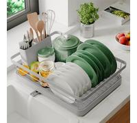 Marctani Égouttoir à Vaisselle INOX - Egoutoire Vaisselle Cuisine Grand Rangement - Egouttoir Evier avec Drainage Extensible et PIVOTANT à 360º - Egoutoir Seche Vaisselle sur (1N Gris)