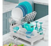 Marctani Égouttoir à Vaisselle INOX - Egoutoire Vaisselle Cuisine Grand Rangement - Egouttoir Evier avec Drainage Extensible et PIVOTANT à 360º - Egoutoir Seche Vaisselle sur (2N Blanc)