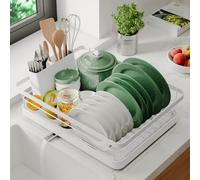 Marctani Égouttoir à Vaisselle INOX - Egoutoire Vaisselle Cuisine Grand Rangement - Egouttoir Evier avec Drainage Extensible et PIVOTANT à 360º - Egoutoir Seche Vaisselle sur (1N Blanc)