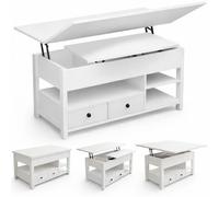 Marctani Table basse relevable 3 en 1 - Table basse blanche avec rangement dissimulé et 2 tiroirs, meuble de salon extensible en bois MDF pour bureau et salle à manger
