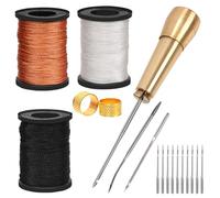 Mardatt Kit de 19 alênes à coudre pour cuir comprenant une aiguille en cuir avec poignée en cuivre, des outils de travail de couture du cuir avec plusieurs types d'aiguilles, du fil ciré et un dé à