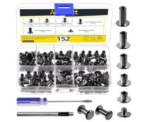 Mardatt Lot de 152 vis Chicago de 5 tailles avec poinçon et tournevis, M5 x 5/6/8/10/12 mm en acier au carbone Chicago M5 Vis de reliure Chicago rivets à tête plate pour réparation du cuir (couleur