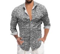 Mardi Chemise Homme Imprimé 3D Numérique Sequins Manches Longues Boutonnée Haut de Gamme Mode (Silver, L)