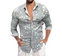 Mardi Chemise Homme Mode Sequins Numérique 3D Imprimé Manche Longue Boutonnée Haut Elegant (Silver, XL)