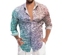 Mardi Chemise Homme Mode Sequins Numérique 3D Imprimé Manche Longue Boutonnée Haut Elegant (XXL)