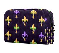 Mardi Gras Petite trousse de maquillage portable avec motif fleur de lys avec fermeture éclair pour femmes et filles, Multicolore 03., 18.5x7.5x13cm/7.3x3x5.1in