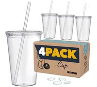 MARFRAND Verres en plastique dur avec couvercle et paille - Sans BPA - Avec autocollants réutilisables et eBook - Lot de 4 verres en plastique réutilisables de 700 ml - (transparents)