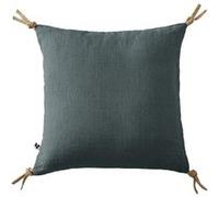 MARGAUX - Coussin Déhoussable 45x45cm avec Pompons Lin Lavé Coloris Ardoise -