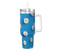 Marguerite blanche imprimée,Gobelet isotherme Ice Bully de 40 oz avec poignée, couvercle et paille, en acier inoxydable, pour voiture ou café.