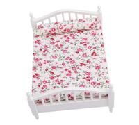 Marhynchus Lit Double pour Maison de Poupée, Lit Miniature en Bois avec Motif de Fleurs pour Maison de Poupée à l'échelle 1/12, Accessoires pour Présentoirs de Poupées, Taille 6,10 X 3,15 X 4,84