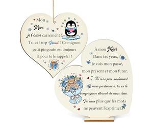 Mari Cadeaux Enseignes en Bois Suspendu Décoration Ensemble de 2 Pièces Mon Homme Noël Plaques Cœur Mari Saint-Valentin Partenaire Merci Je t'aime Anniversaire de Mariage Pingouin Souvenirs