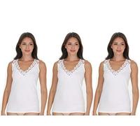 Maria Angel Lot de 3 débardeurs en coton uni à larges bretelles et col en dentelle pour femme - Blanc - X-Large