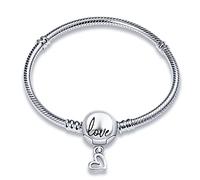 MariaFonte Bracelet semi-rigide en argent sterling avec fermeture à clip sphérique Inscription Love et petit coeur (Longueur 17 cm)