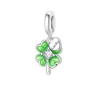 MariaFonte Bracelet souple avec clip et breloque trèfle à quatre feuilles vert ornée de zircons compatible avec tous les pendentifs argentés d'origine