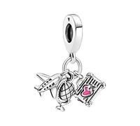 MariaFonte Charm Nouveau 2025 Compatible Toutes Marques Monde Valise Avion Passion Voyage Porte-Bonheur Pendentifs Argent 925 Bead Originales Anniversaire Amitié Maman Perle Coeur Famille Noël