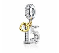 MariaFonte Pendentif 15 ans compatibles avec toutes les marques, charm pour anniversaire perles originales et charmantes en argent 925 perle porte-bonheur pour maman cœur famille Noël femme