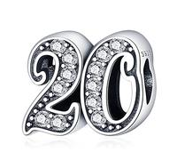 MariaFonte Pendentif 20 ans compatibles avec toutes les marques, charm pour anniversaire perles originales et charmantes en argent 925 perle porte-bonheur pour maman cœur famille Noël femme