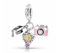 MariaFonte Pendentif Breloque Diplôme Compatible avec Toutes les Marques Charm Chapeau de graduation Fleurs Photo Hibou Parchemin Livre Cœur Étoile Pendentifs Anniversaire Bead Argent