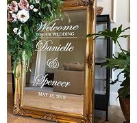 Mariage Bienvenue Miroir Vinyle Autocollant Conception Simple Noms Personnalisés Autocollant Signe De Mariage Miroir Décor Art De Mariage Personnalisé AZ657-H626 État Gris, 38x57cm