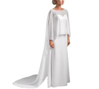 Mariage mariée en mousseline de soie longue Cape dîner fête formelle dame Cape col rond bal femmes châle élégant enveloppement blanc rose noir pour les mariages, les bals(White,Back length 1.5m)