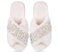 Mariée Pantoufles,Pantoufles mariage Slipper for The Bride Crossover de Fausse Fourrure Doux Pantoufle Femme Chausson Peluche Chausson Mariée Blancs Pearl Antidérapants de Mariage Avec Semelle de 15mm