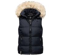 MARIKOO B896 Gilet d'hiver matelassé pour femme avec capuche et col en fourrure, bleu marine, XS