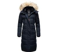 MARIKOO Manteau d'hiver chaud pour femme - Long - Avec fourrure synthétique amovible et capuche - Motif étoile de neige - Tailles XS à XXL, bleu marine, XL