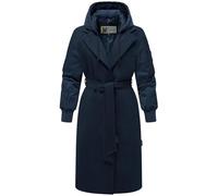 MARIKOO Manteau mi-saison long et chaud pour femme dans un mélange de matériaux tendance avec capuche amovible et ceinture à nouer Tjadee 16 XS à 3XL, bleu marine, 3XL