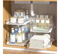 Marimor Lot de 2 organisateurs de salle de bain multi-usages à 2 étages empilables pour cuisine, garde-manger, armoire à médicaments, organiseur extensible avec 8 séparateurs mobiles