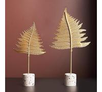 Marimor Lot de 2 sculptures décoratives modernes. Ornement avec base statue en pierre. Suklptures Moderne Créative Décoration de la Maison Ginkgo Doré. Cadeaux pour Famille Bureau Chambre Bibliothèque