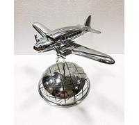 Marine Nautical Store Avion Nautique en Aluminium chromé sur la Carte du Monde - Base Globe - Décoration Maison et Bureau
