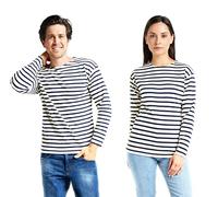 Marinière à Manches Longues Unisexe - T-Shirt à Rayures Hommes et Femmes (FR/ES, Alpha/Lettres, M, Taille Normale, Taille Normale, Écru/Bleu Marine)
