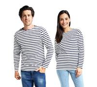Marinière à Manches Longues Unisexe - T-Shirt à Rayures Hommes et Femmes (FR/ES, Alpha/Lettres, TG, Taille Normale, Taille Normale, Blanc/Bleu Marine)