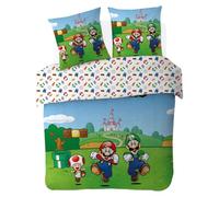 Mario - Housse de Couette Super Mario 220x240 cm + 2 Taie d'oreiller 63x63 cm - 100% Coton - Vert et Bleu