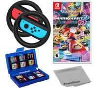 Mario Kart 8 Deluxe pour Nintendo Switch, avec manettes de volant PremGear Racing, poignées de conduite pour Joy-Con (lot de 2), porte-cartes de jeu à 24 emplacements et chiffon de nettoyage