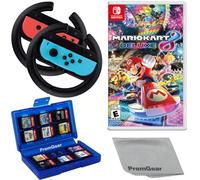 Mario Kart 8 Deluxe pour Nintendo Switch, avec manettes de volant PremGear Racing, poignées de conduite pour Joy-Con (lot de 2), porte-cartes de jeu à 24 emplacements et chiffon de nettoyage