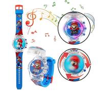 (Mario) Montre de dessin animé pour enfants, clignotante, musicale, toupie, couvercle rabattable