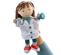 Marionnette HABA Docteur : Jeu de rôle en Peluche pour Enfant dès 18 Mois. | Avec des bras articulés, un stéthoscope et une seringue - peluche douce pour aider à surmonter la peur du médecin, 30 cm
