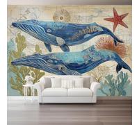 Maritime Papier Peint Panoramique, 400 x 280 cm Fresque Murale | Carte Baleines Étoiles De Mer Algues Papier Peint Intissé, Décoration Image Murale Pour Salon Chambre Bureau TV Artistique